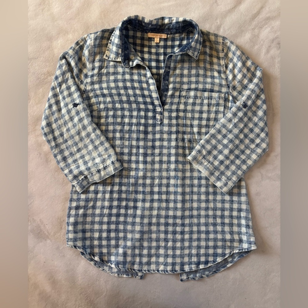 Blue & White Gingham Cotton Pullover Shirt | Back Button Detail | Casual XL - Picture 5 of 12